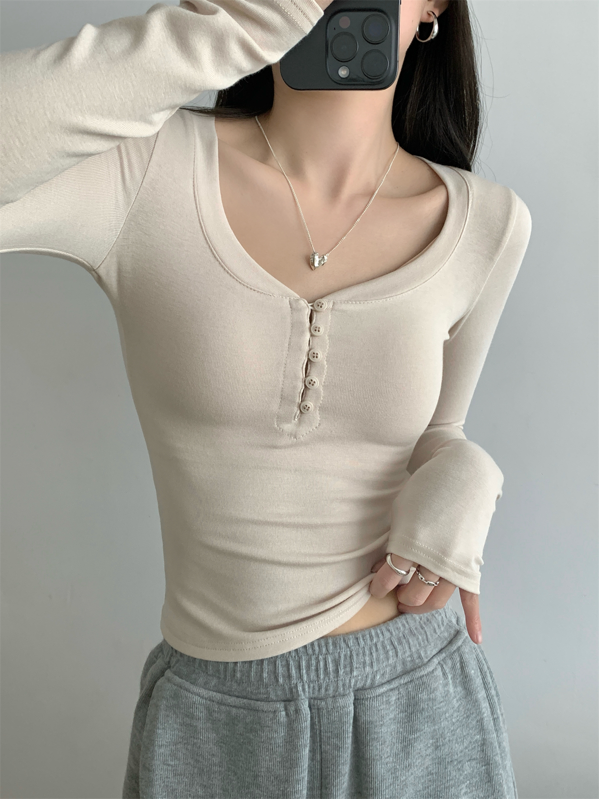 Real shot early spring new slim fit Korean style square collar button design pure cotton long-sleeved T-shirt women's top