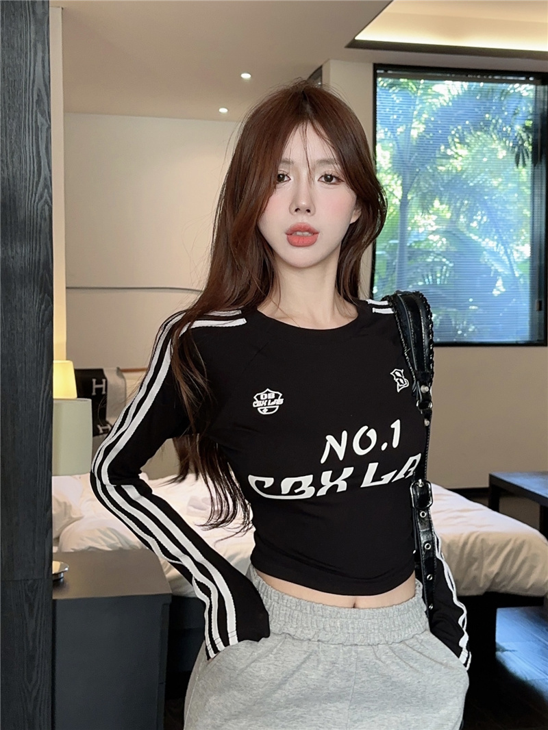 Actual shot ~ 2024 spring new American cool style printed three-stripes temperament waist-style bottoming shirt