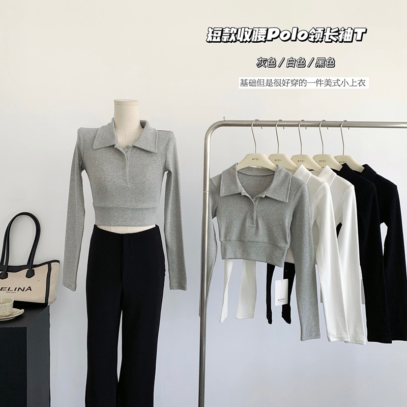 Official photo 40 count cotton rib top autumn bottoming slim fit versatile short waist Polo collar