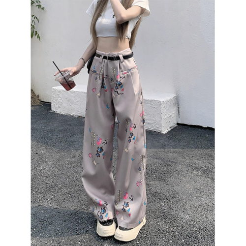 Style retro printed suit pants for women summer loose casual trousers women's sweet wide leg pants