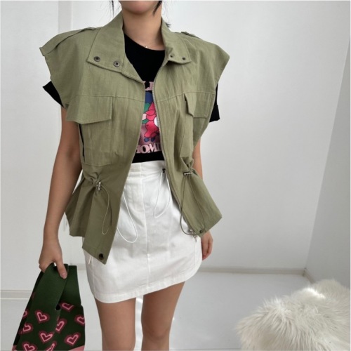 2024 new style chic linen versatile pocket jacket waist zipper workwear vest vest for women