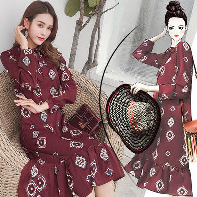 Spring women's 2024 new retro mid-length Korean style cold style long-sleeved gentle chiffon skirt floral dress