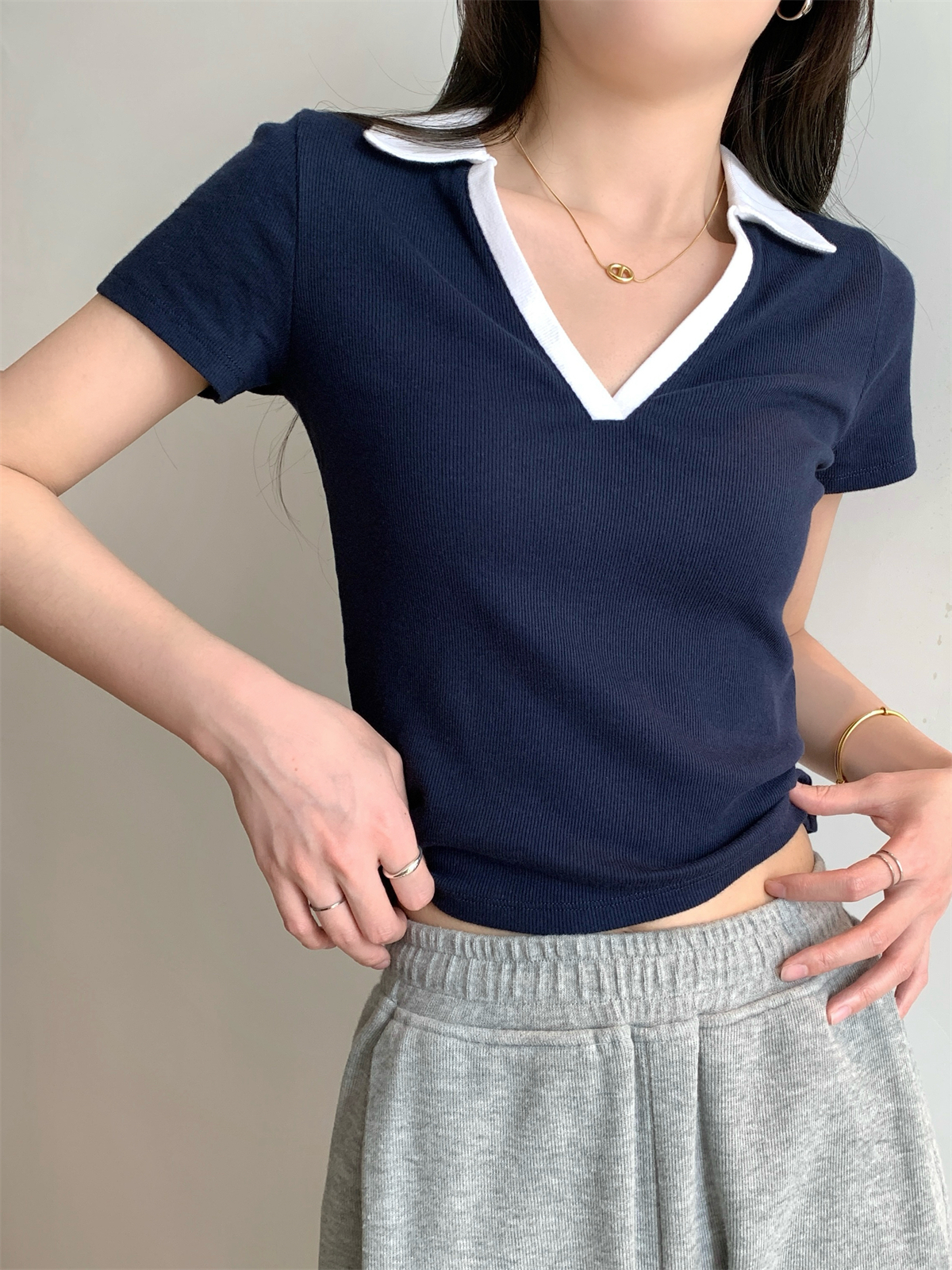 實拍 春夏韓版修身撞色polo領氣質百搭純棉短袖T恤上衣女