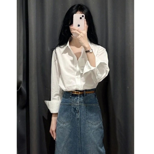 Hong Kong style long-sleeved early spring new style French chic design niche high-end white shirt trendy brand