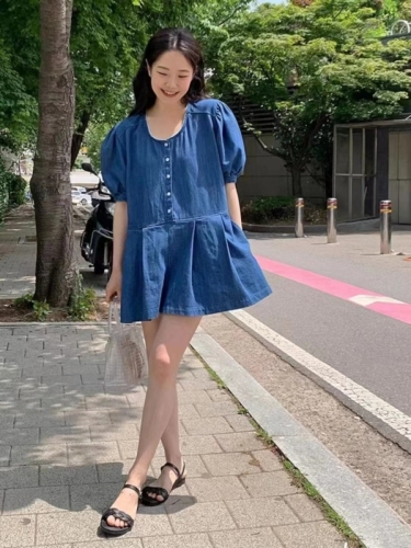 韩国chic夏季圆领单排扣泡泡袖娃娃裙百褶连衣裙