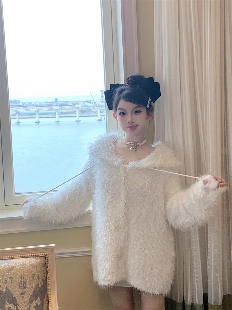 毛衣女日系少女風白色毛絨連帽長袖外套秋季新款慵懶風寬鬆上衣潮