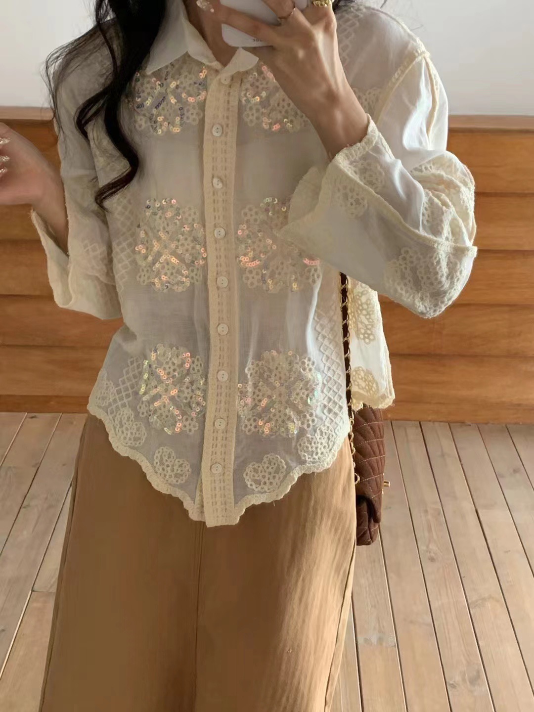 2024 New Spring and Summer Shirt Collar Heavy Embroidered Sequins Loose Single Breasted Chiffon Plant Flower Shirt