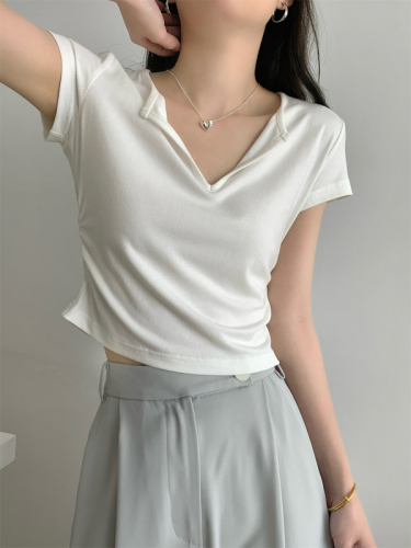 Actual shot of the new spring and summer Korean style slim-fitting semi-open collar pleated design pure cotton short-sleeved T-shirt top