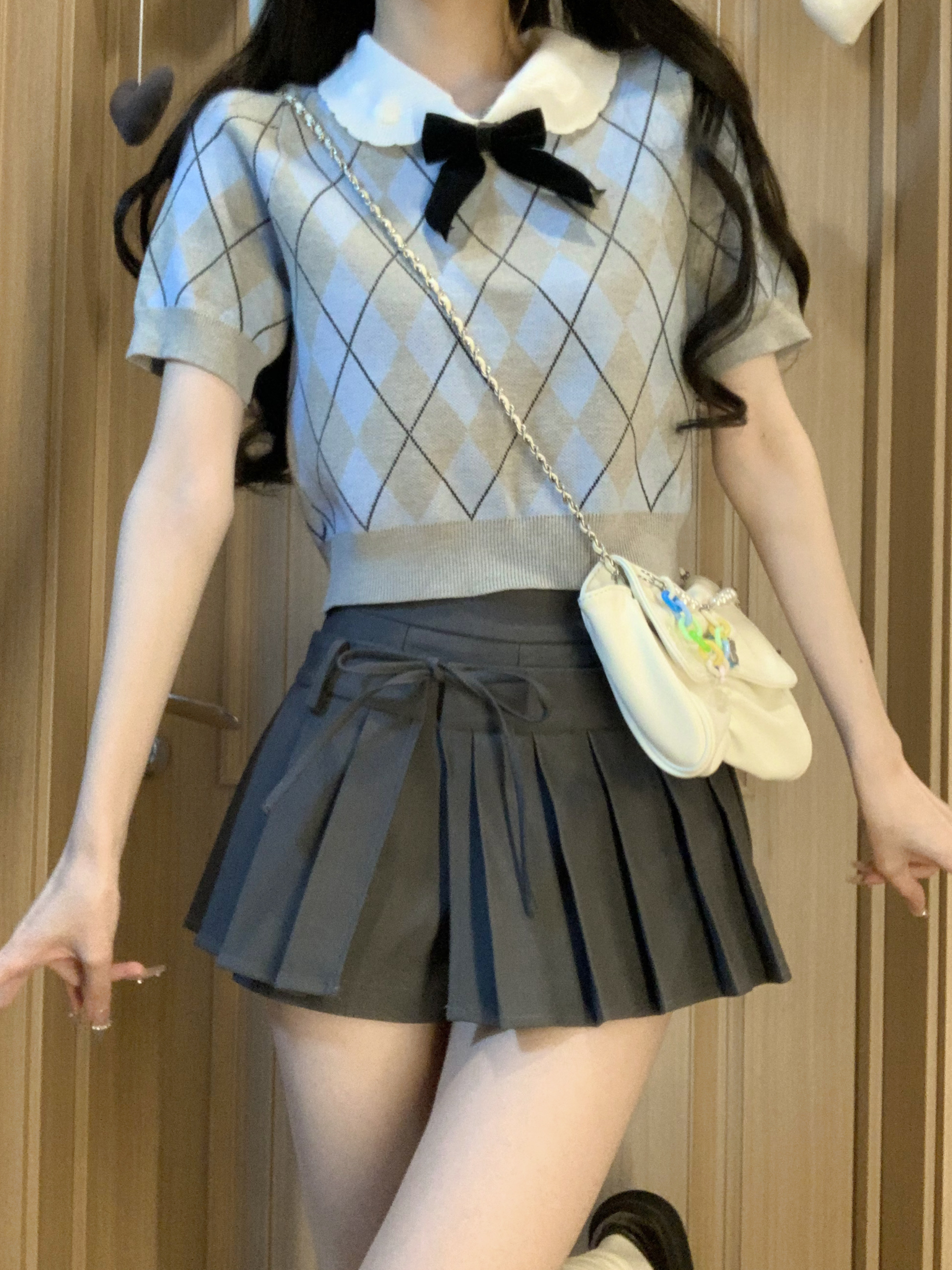 已出貨 學院風原創菱格甜美法式短款針織上衣蝴蝶結修身短袖t恤女