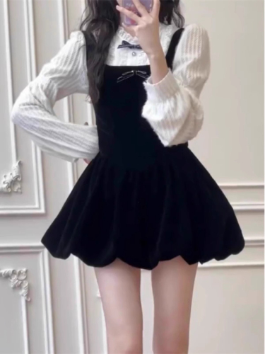 French sweet little fresh suspender skirt suit for women spring and autumn new style for small people to wear waist slimming two-piece set
