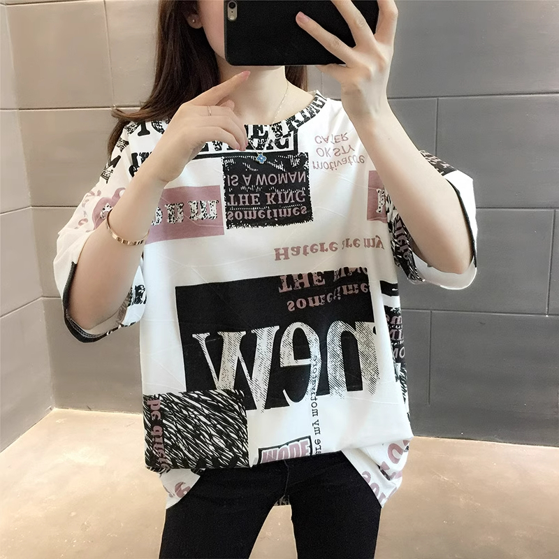官方圖 純棉中長款2024新款印花短袖t恤女大碼女裝上衣