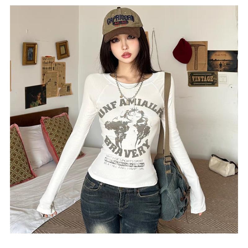 Already shipped American printed long-sleeved T-shirt for women niche slimming bottoming shirt hot girl inner top