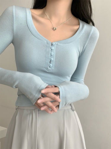 Real shot early spring new slim fit Korean style square collar button design pure cotton long-sleeved T-shirt women's top