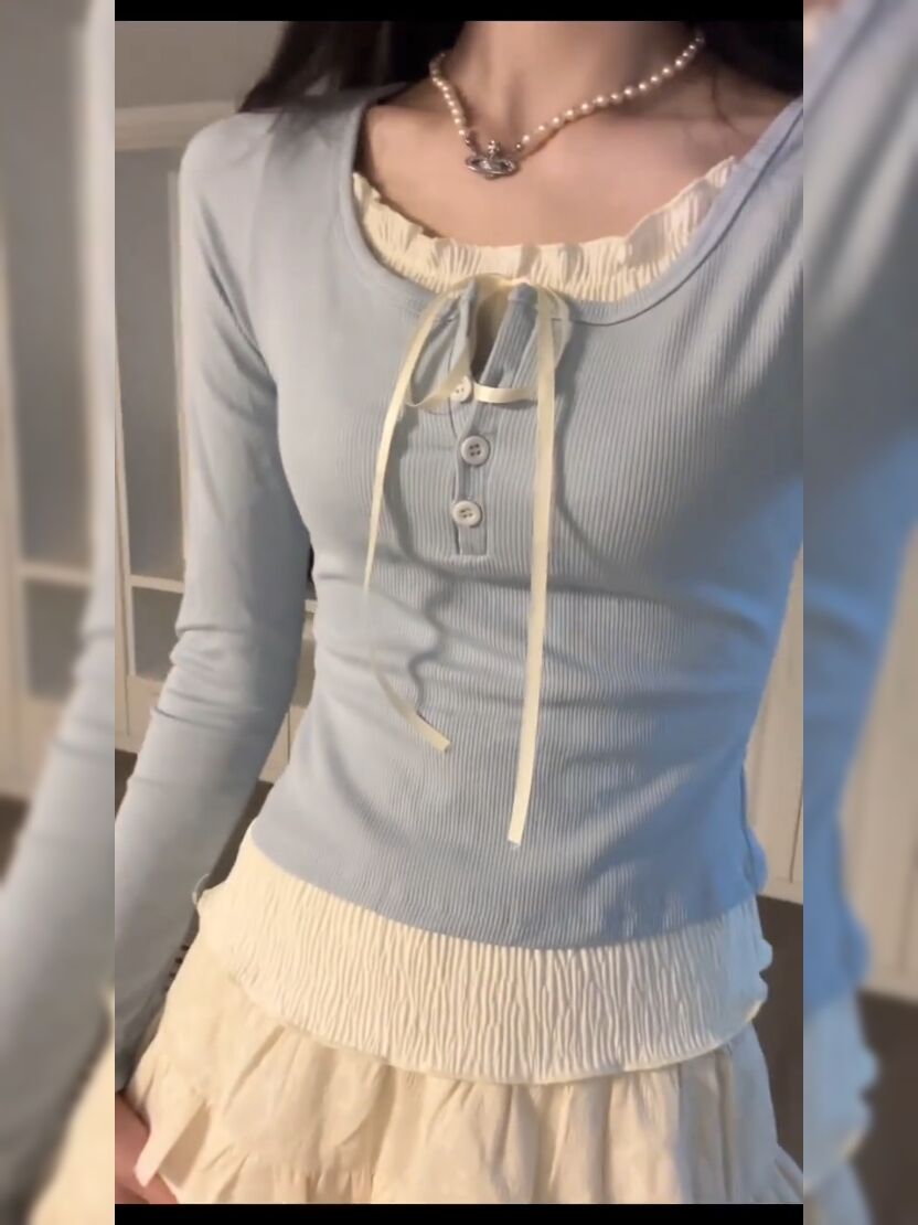 Lace-up fake two-piece long-sleeved T-shirt for women 2024 spring fungus round neck slim fit, chic and beautiful top