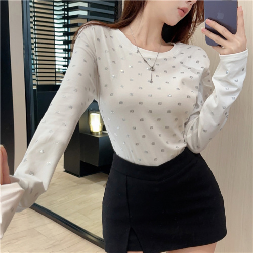 Actual shot ~ 2024 spring new heavy industry style hot diamond a-line Korean version super slim and slim long-sleeved bottoming