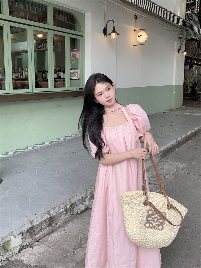 Real shot~Square neck puff sleeve pink backless dress for women