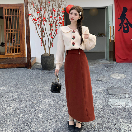 大码女装中国风套装新中式甜美大码衬衫半裙两件套