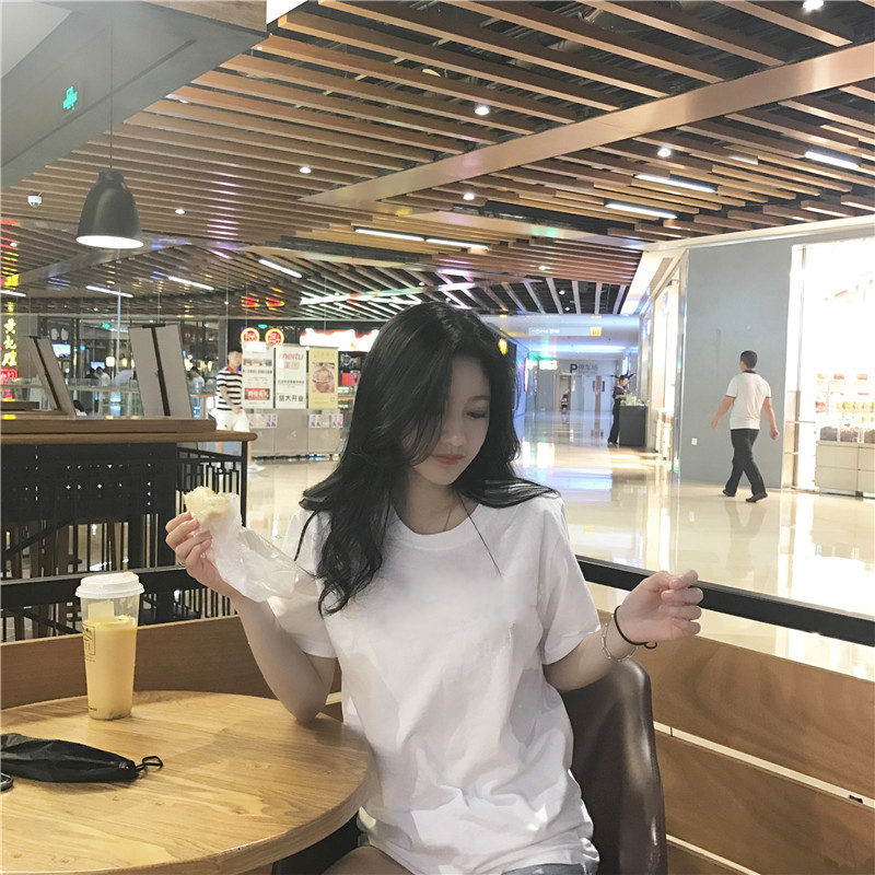 200g重磅純棉短袖圓領寬鬆百搭純色t恤白色女小白t  100%純棉