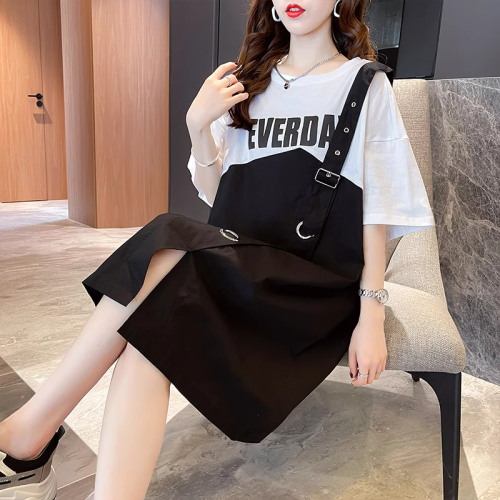 Real shot of 6535 cotton mid-length 2024 new spliced ​​fake two-piece short-sleeved T-shirt plus size women's dress