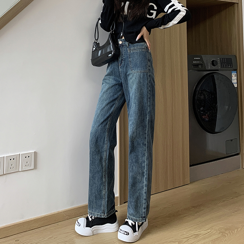 實拍2024早春時尚潮流直筒闊腿復古牛仔褲女