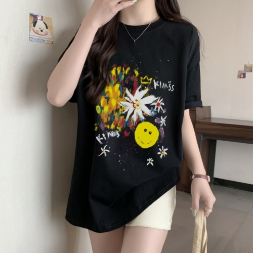 Real shot 100% cotton combed cotton printed summer short-sleeved T-shirt women's loose Korean style