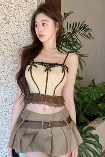 Real shot~Pure lace lace contrasting color splicing camisole niche sexy slim hot girl bow top