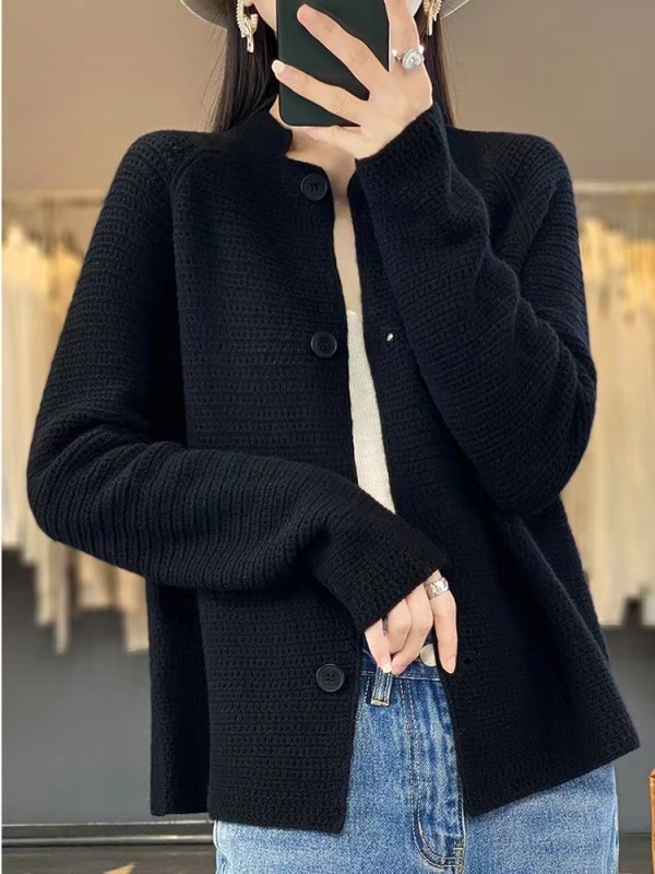 Spring and Autumn New Style Stand Collar 100% Pure Cashmere Cardigan Women's Loose Temperament Sweater Versatile Wool Knitted Jacket