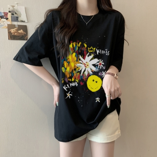 Real shot 100% cotton combed cotton printed summer short-sleeved T-shirt women's loose Korean style