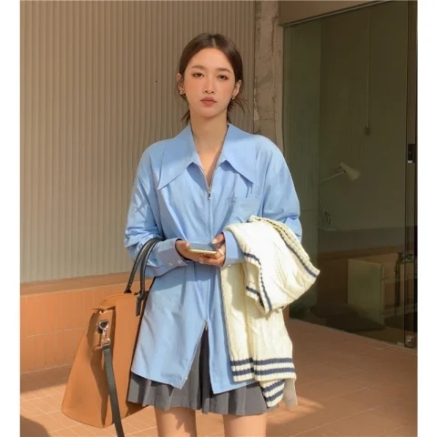 French high-end blue shirt trendy 2024 spring design niche base shirt with chic long-sleeved top