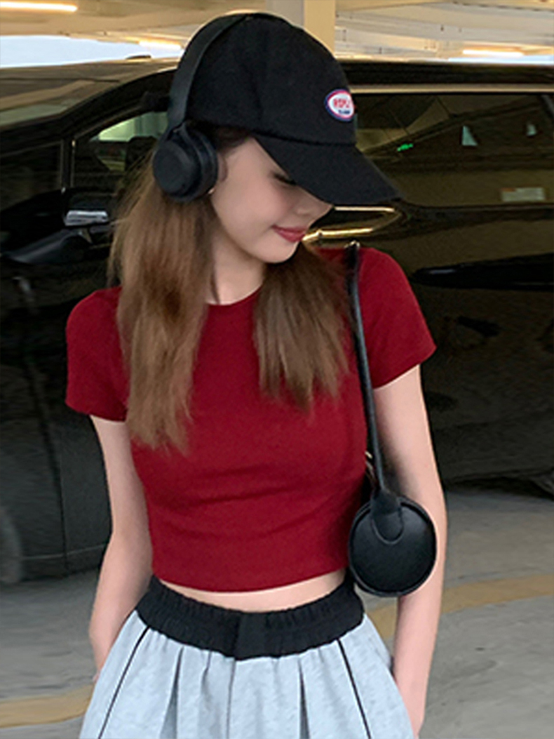 紅色t恤女短袖短款緊身辣妹上衣夏季新款純棉修身正肩體恤