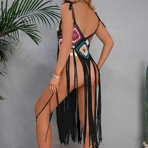 Casual holiday hand hook sexy suspender hollow long tassel solid color seaside beach swimsuit bikini cover-up skirt for women