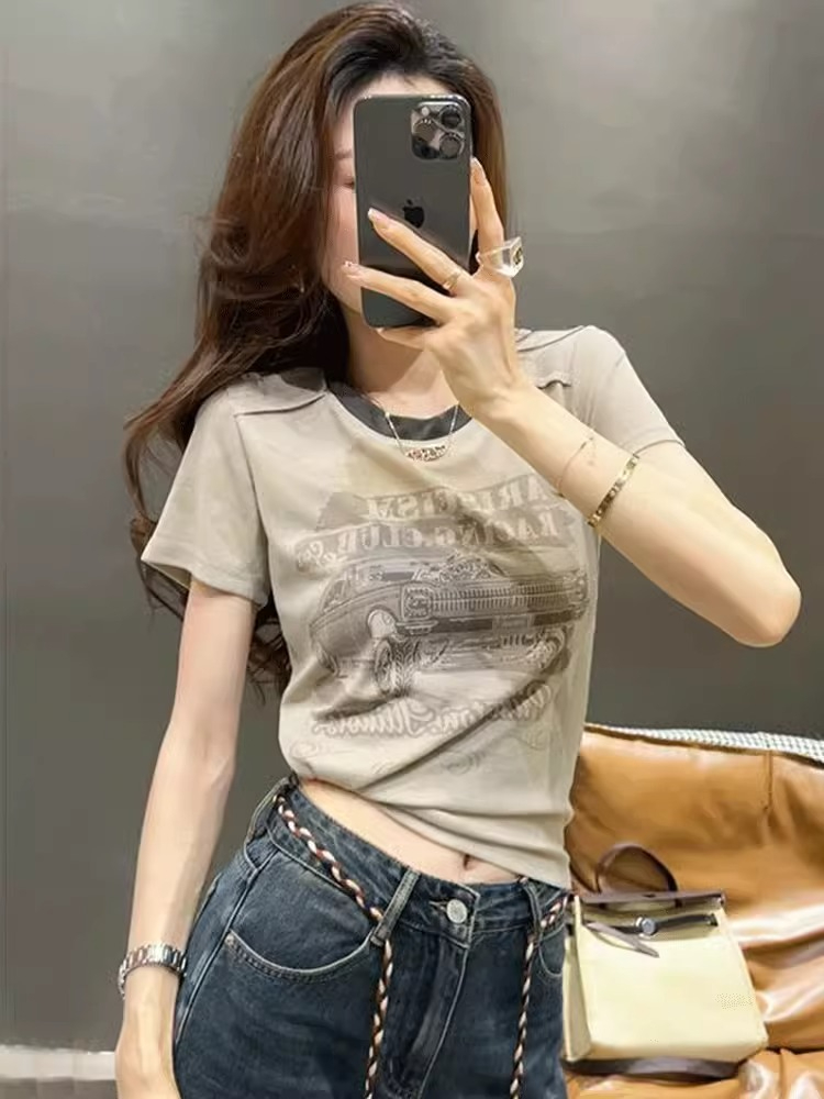 美式復古短袖t恤女2024新款夏季修身顯瘦洋氣減齡印花短款上衣女