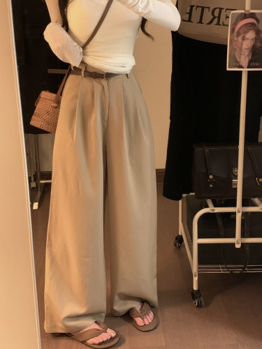 Actual shot~ Hollow-out waist V-neck long-sleeved T-shirt + drapey suit pants, high-waisted loose lazy straight casual pants