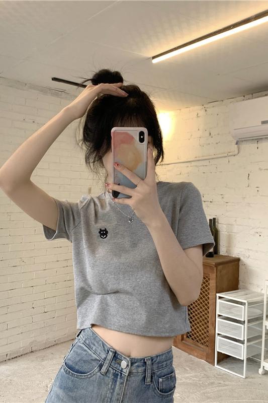 6535 stretch cotton summer 2024 new short cartoon embroidered short-sleeved T-shirt tops for women
