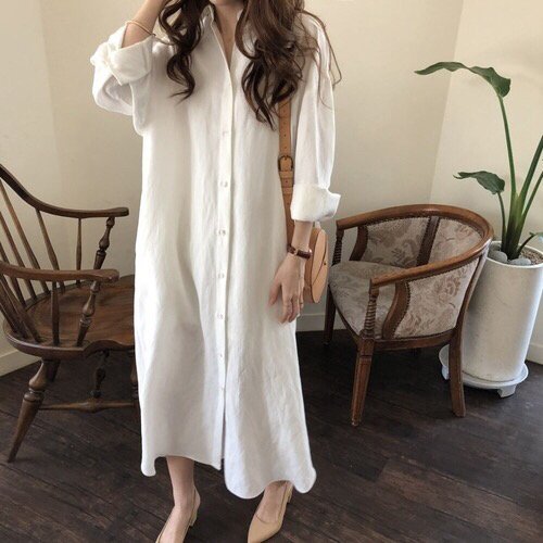 Korean light, elegant, lazy style, super long shirt-style long dress, cotton and linen sun protection clothing, simple over the knee