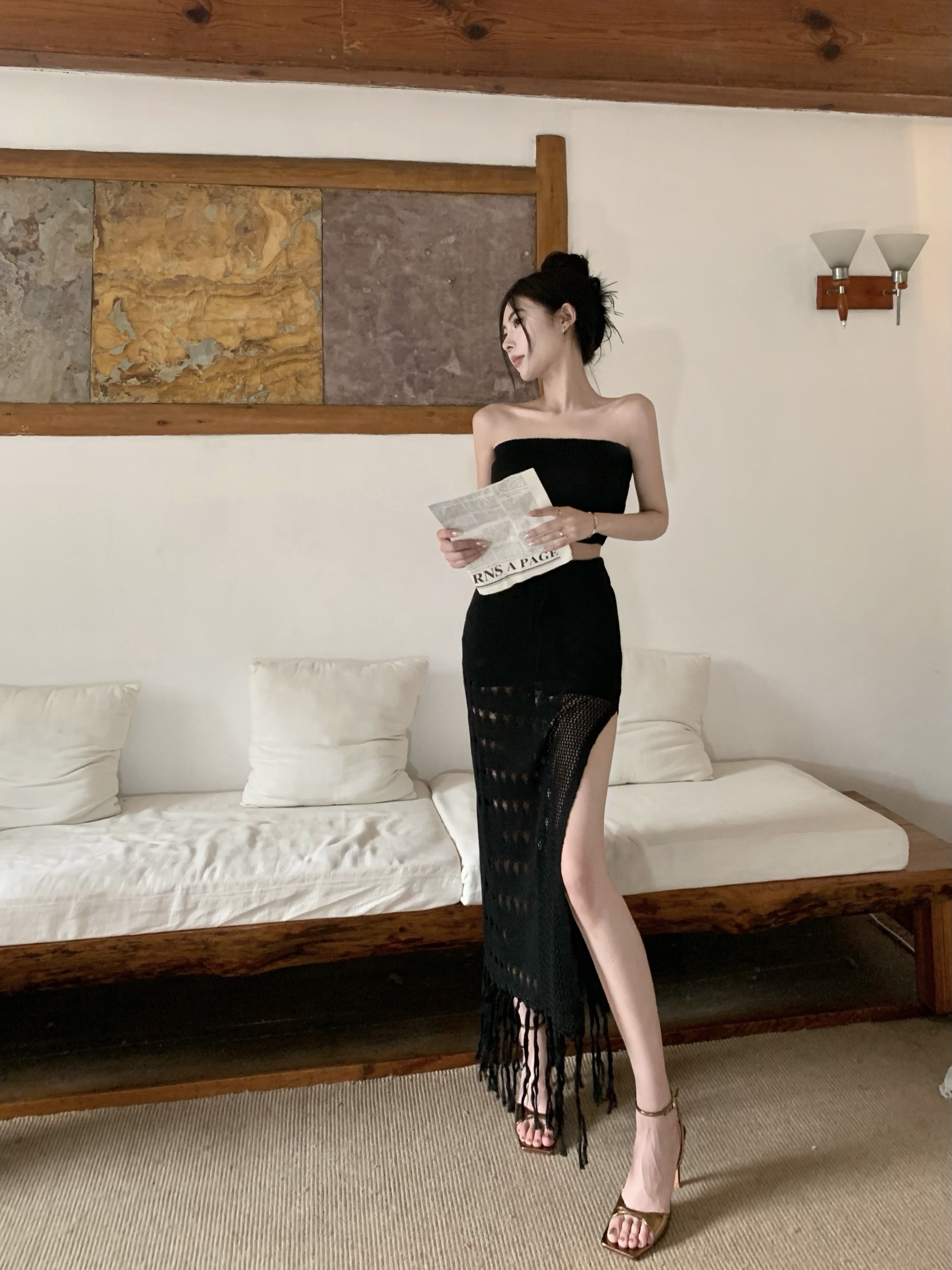 實拍~辣妹性感抹胸背心+高腰顯瘦鏤空流蘇開叉半身裙兩件套