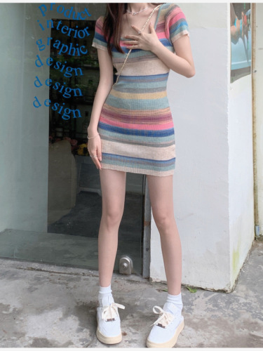 Already shipped Pure Desire Sweet Spicy Color Striped Short Sleeve Knitted Women Summer Waist Slimming Sexy Hip Cover Skirt