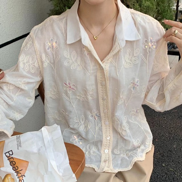 2024 New Spring and Summer Shirt Collar Heavy Embroidered Sequins Loose Single Breasted Chiffon Plant Flower Shirt