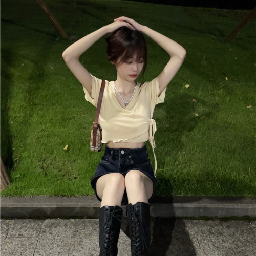 不规则绑带设计感V领短袖T恤女夏季韩版辣妹风小心机上衣