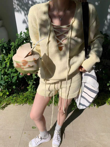 2024 spring new cross hollow sexy design long-sleeved sweater shorts suit