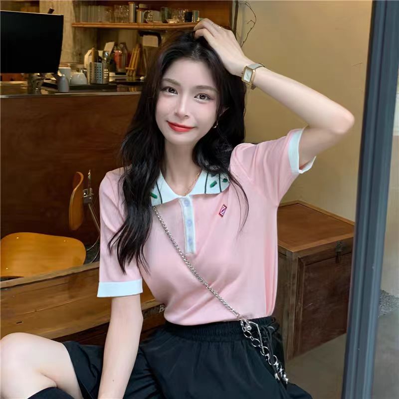 Japanese right shoulder POLO shirt T-shirt short-sleeved new year sweet first love girl ice silk chic top women summer