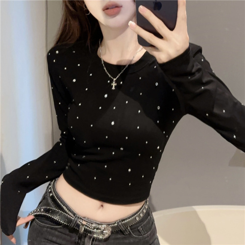 Actual shot~Heavy Industry Hot Diamond Round Neck T-shirt for Women 2024 Spring New Sweet and Spicy Short Style Slim Fit Top