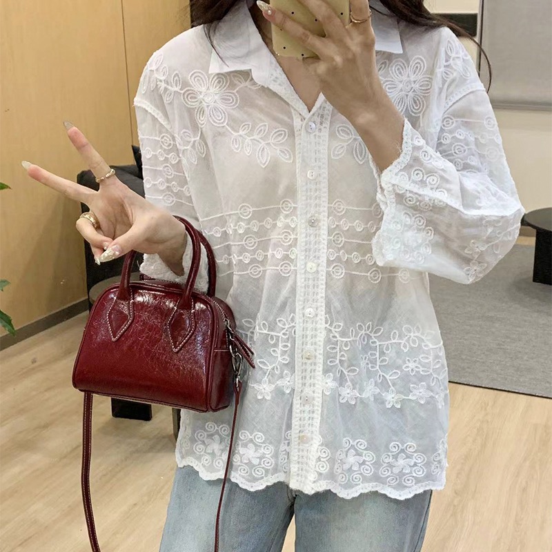 2024 New Spring and Summer Shirt Collar Heavy Embroidery Loose Single-breasted Chiffon Plant Flower Shirt