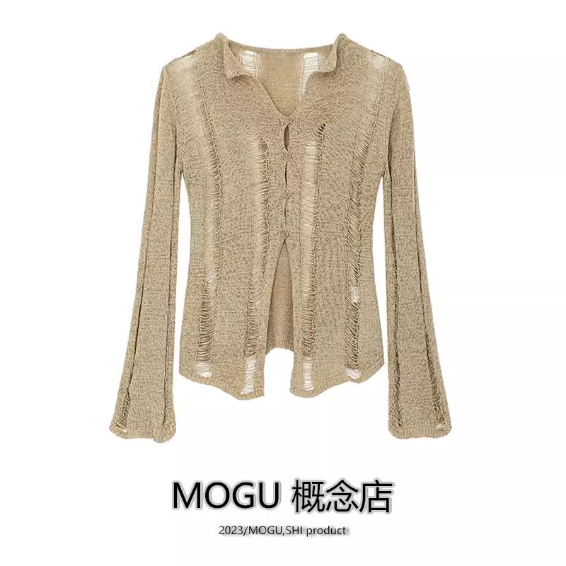 2024 Spring and Autumn American Y2K Hot Girl Sexy Hollow Knitwear Women's Short Waist Long Sleeve Cardigan