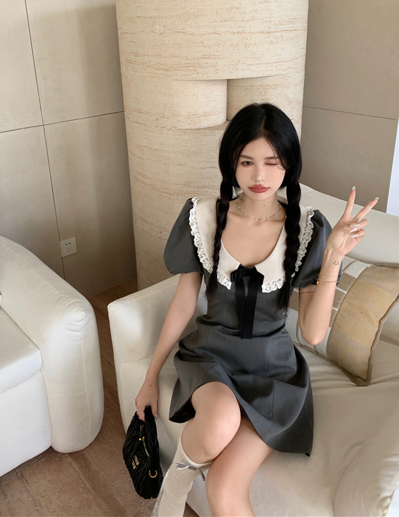 實拍  法式減齡娃娃領蝴蝶結A字裙夏氣質收腰甜美連衣裙