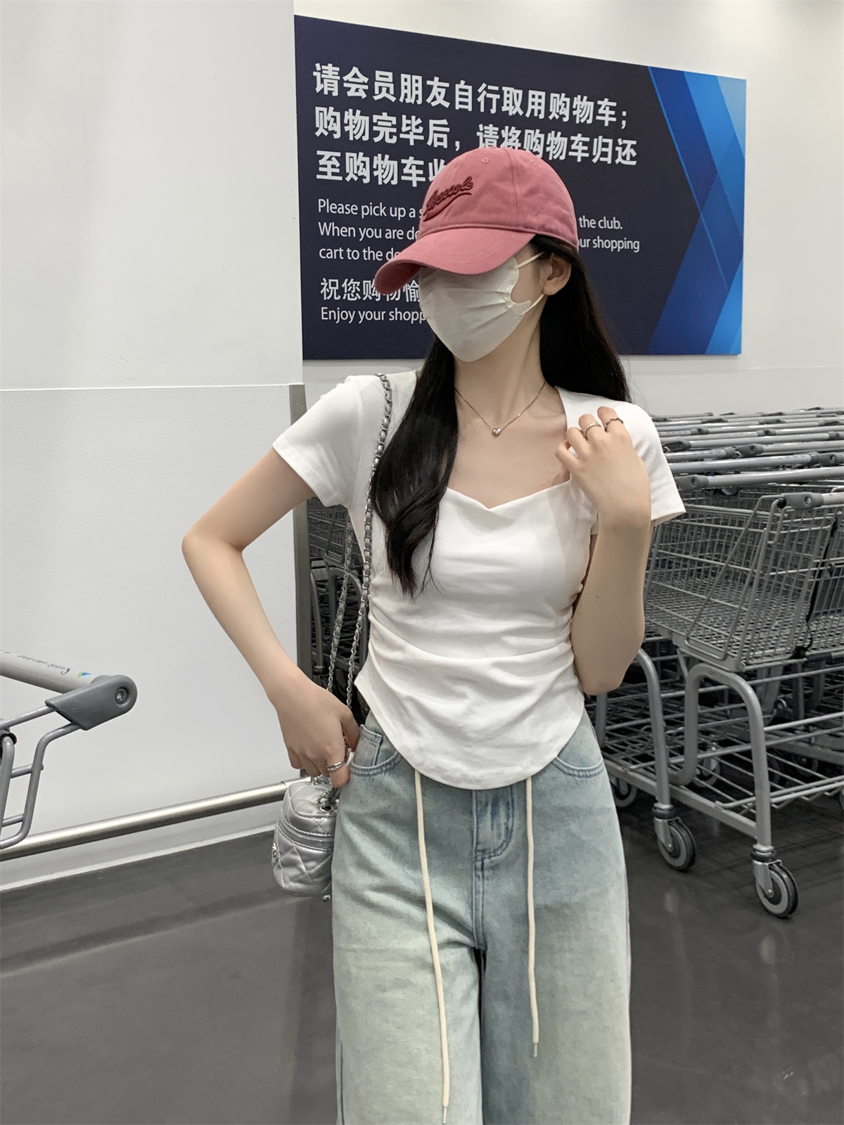 實拍 2024春夏韓版氣質海鷗領褶皺純色純棉短袖T恤上衣女