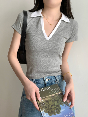 Actual shot of spring and summer new slim fit contrasting color polo collar temperament pure cotton short-sleeved T-shirt top for women