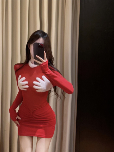 Real shot ~ American hot girl long-sleeved dress tight and sexy New Year's uniform design red hip-hugging skirt