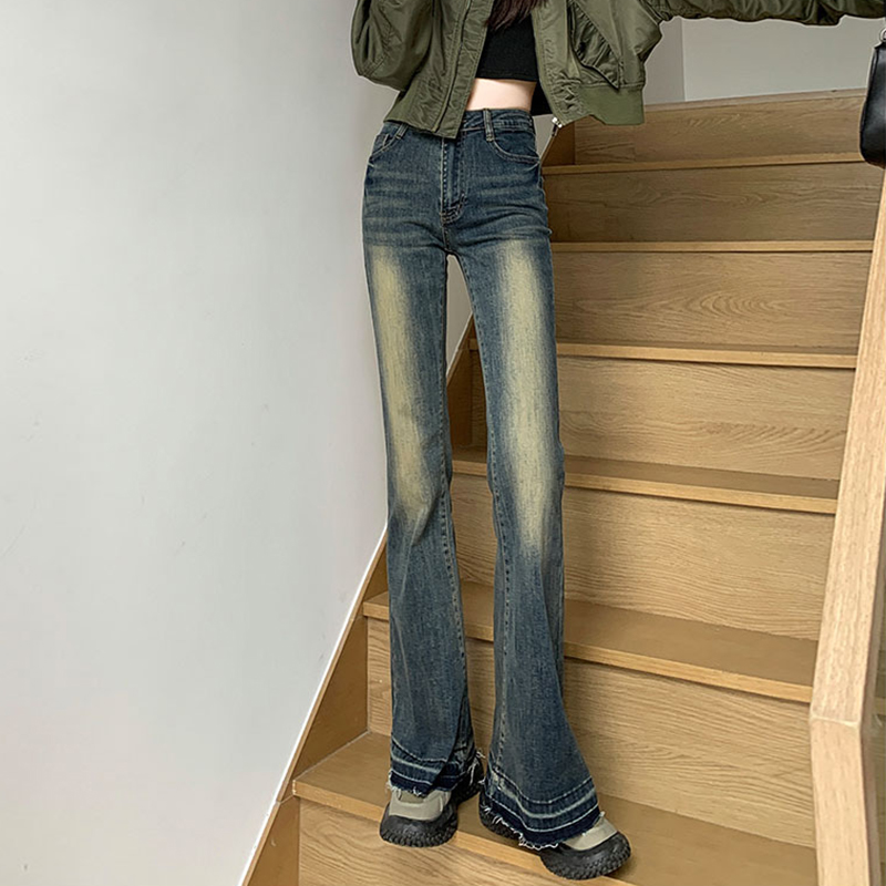 實拍2024早春時尚潮流修身微喇美式復古牛仔褲女
