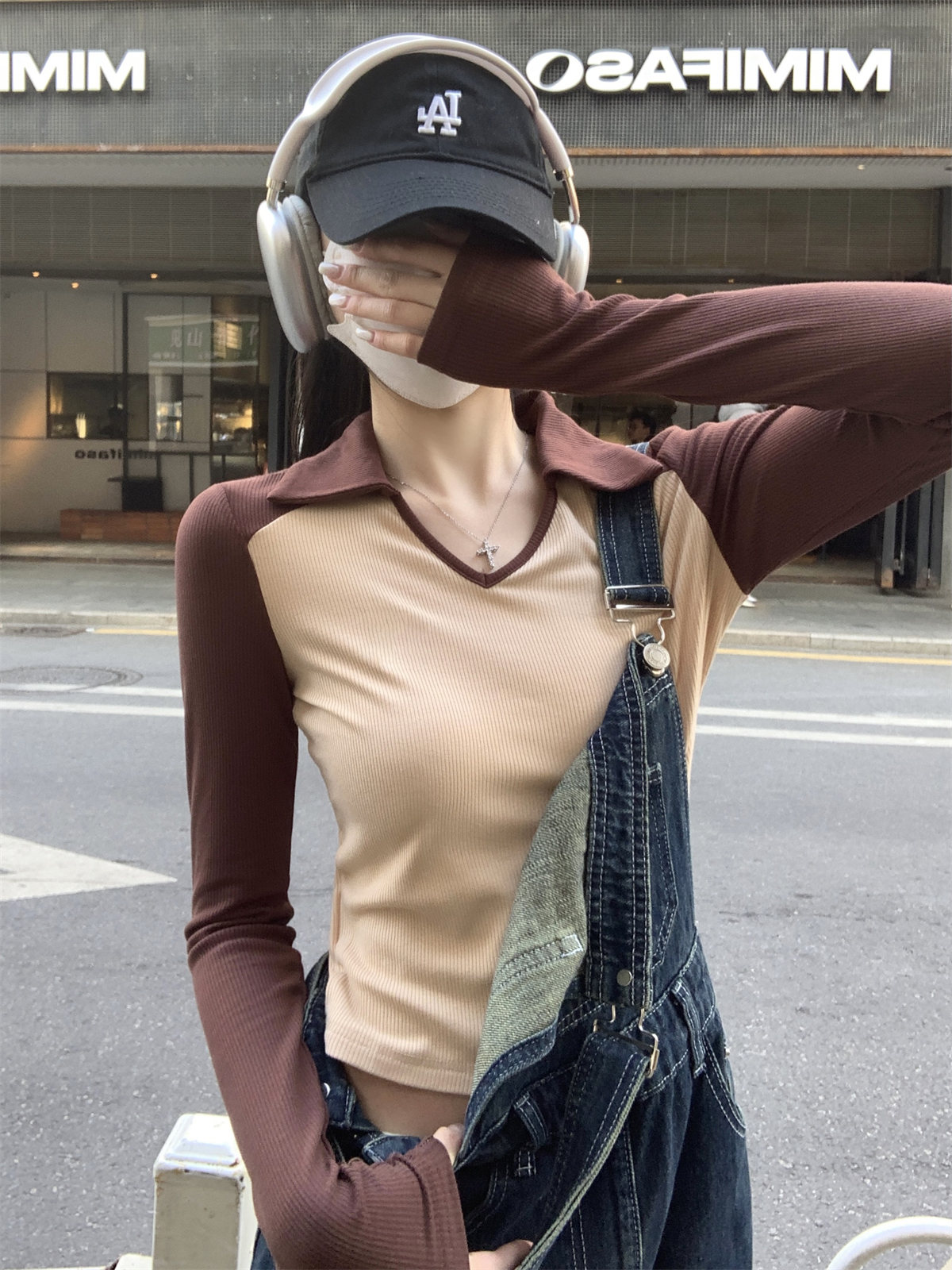 實拍 2024春季新款插肩撞色polo領修身百搭長袖T恤女上衣